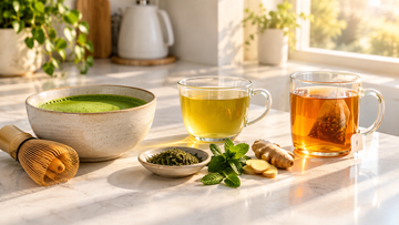 Bowl of frothy matcha with a bamboo whisk, a glass of green tea and a glass of amber detox tea on a sunlit white kitchen counter with mint and ginger