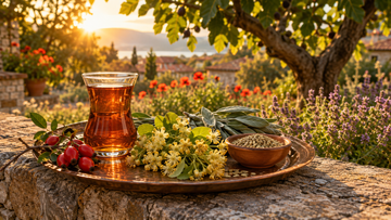 Copper tea glass of amber herbal tea on a sunlit stone wall in a Turkish garden with linden flowers, rosehips and wild herbs