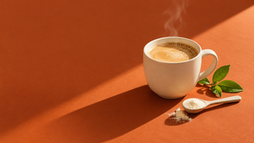 Steaming cup of creamy collagen coffee on a terracotta background with a spoon of collagen powder and green leaves